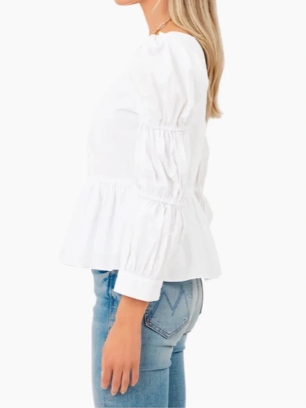 Tuckernuck White Square-Neck Peplum Blouse with Puff Sleeves Size L NWT